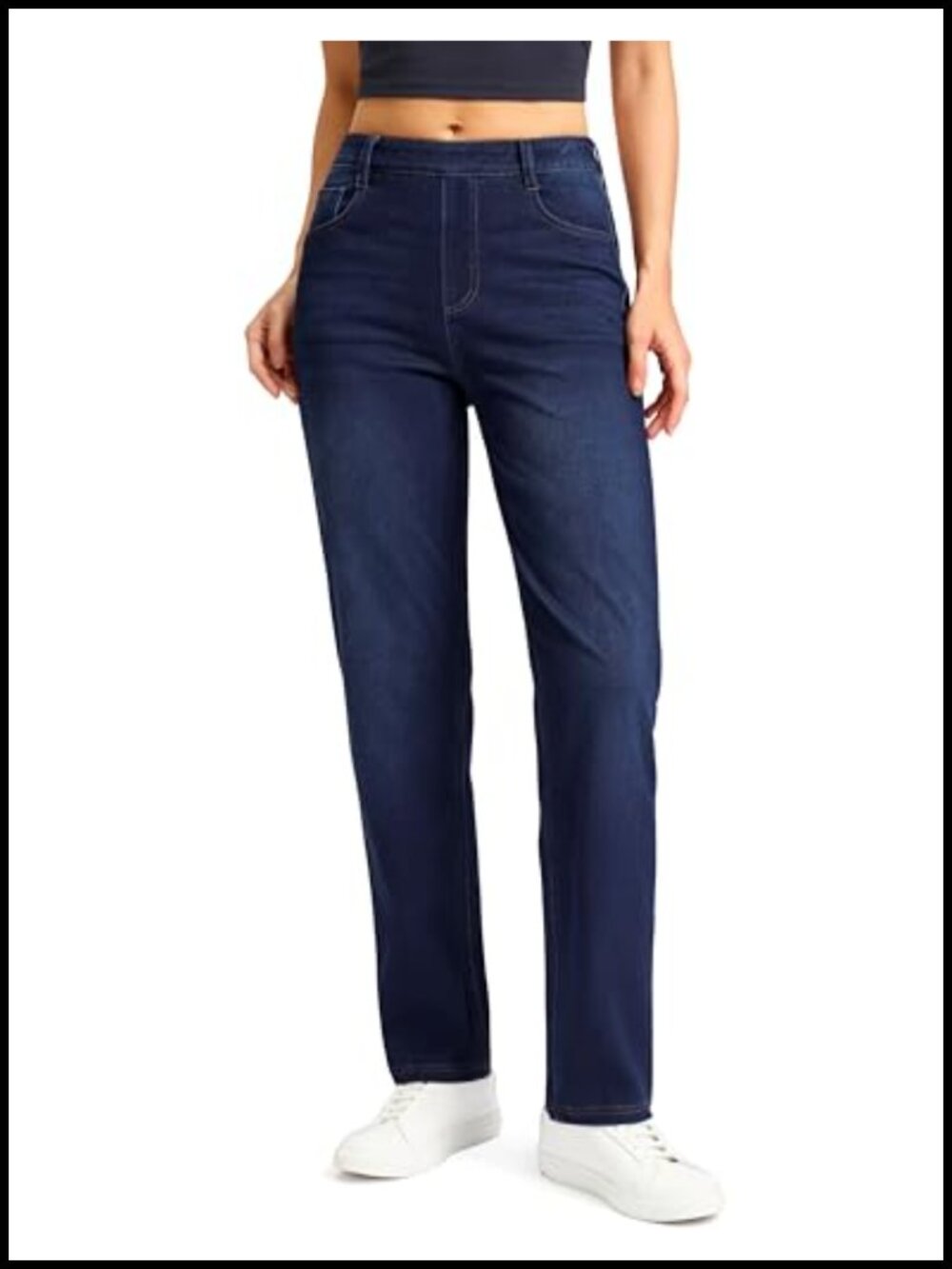 Women's Stretchy Pull On High Waisted Straight Leg Jeans with Tummy Control